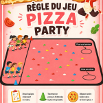 Un groupe d'enfants jouant à des jeux sportifs lors d'un pizza party.