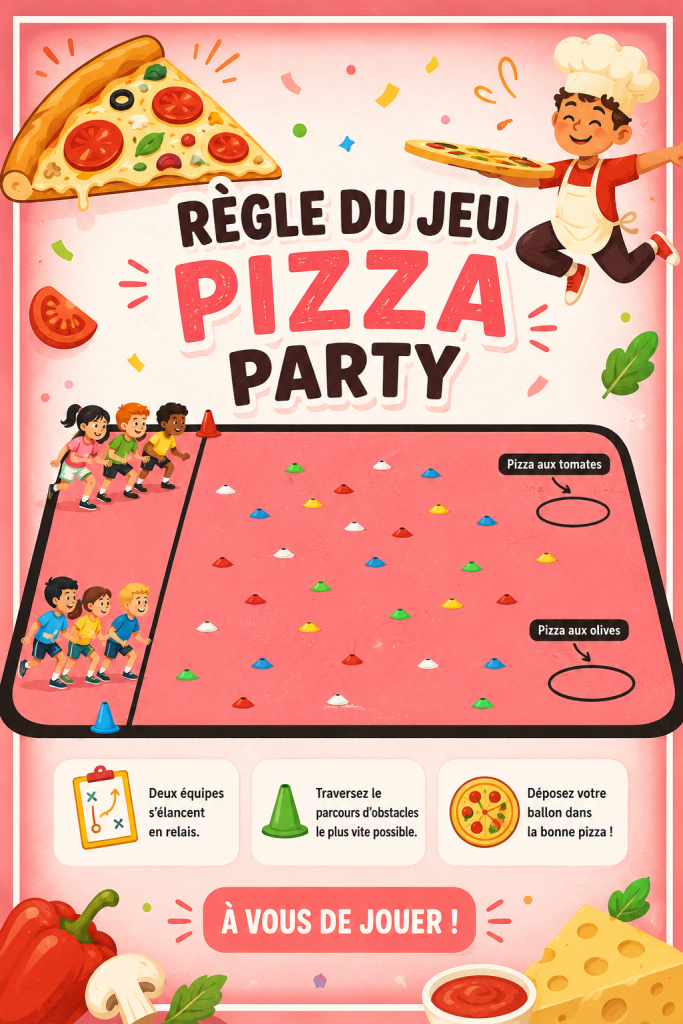 Un groupe d'enfants jouant à des jeux sportifs lors d'un pizza party.