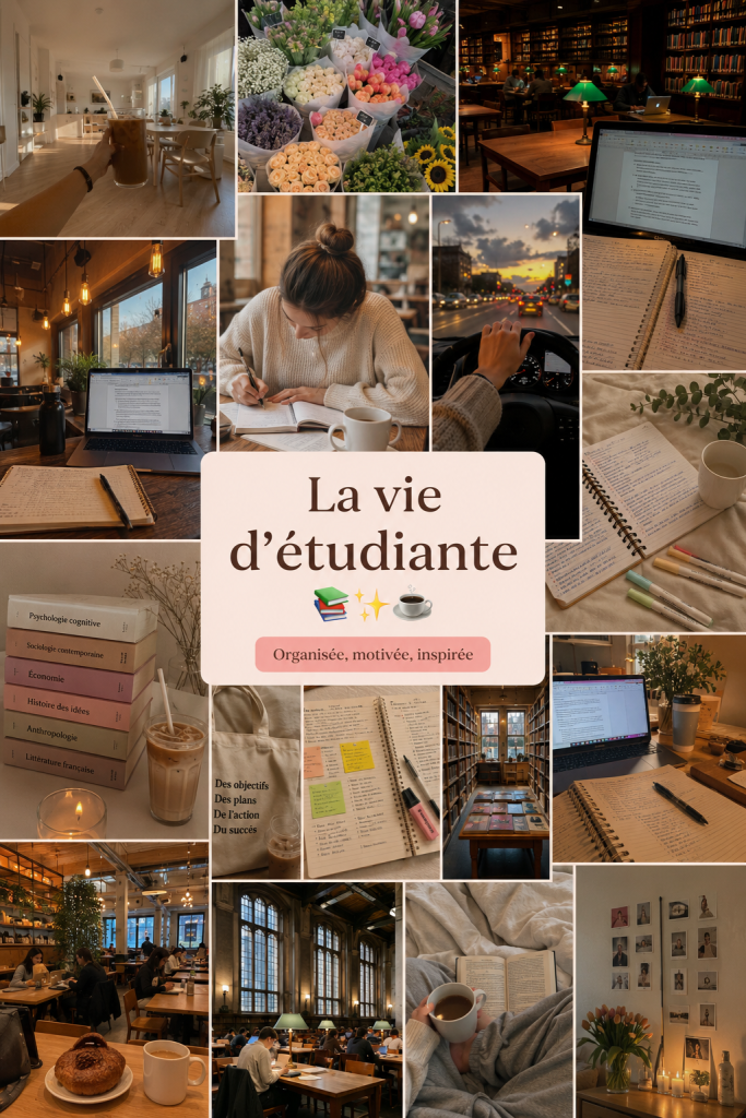 Une étudiante souriante avec des livres et un café sur son bureau, représentant la vie d'étudiante.