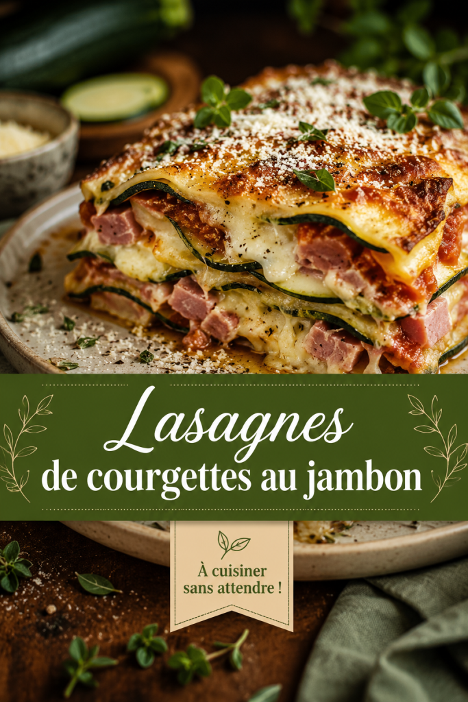 Lasagnes de courgettes au jambon gratinées, présentant une belle couche de fromage fondu.