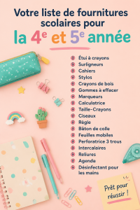 Liste de fournitures scolaires pour les élèves de CM1 et CM2 sur une table.