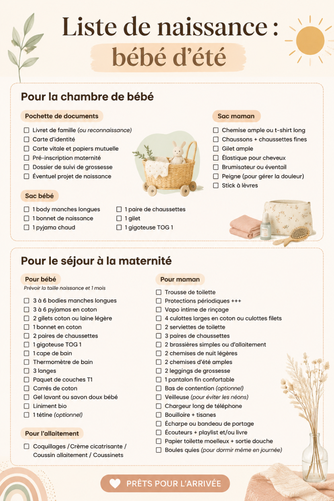 Liste de naissance d'été avec des vêtements légers et accessoires pour bébé.