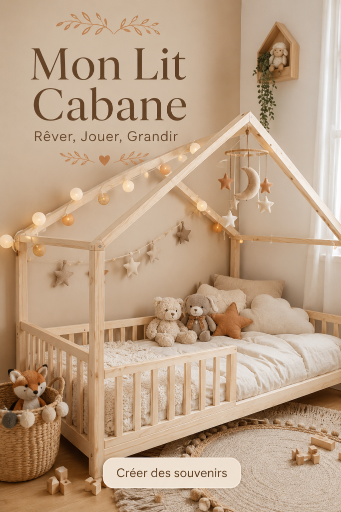 Un beau lit cabane en bois décoré pour une chambre d'enfant.