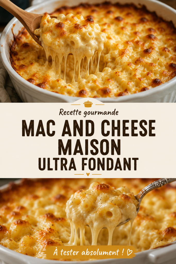Un plat de mac and cheese maison ultra fondant, prêt à être servi.