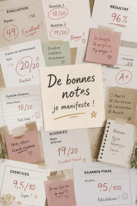 Un étudiant en train de réviser avec des notes bien organisées et des outils de manifestation