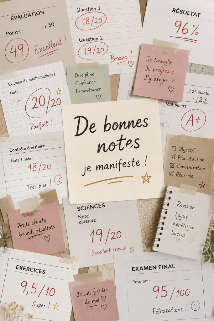 Un étudiant en train de réviser avec des notes bien organisées et des outils de manifestation