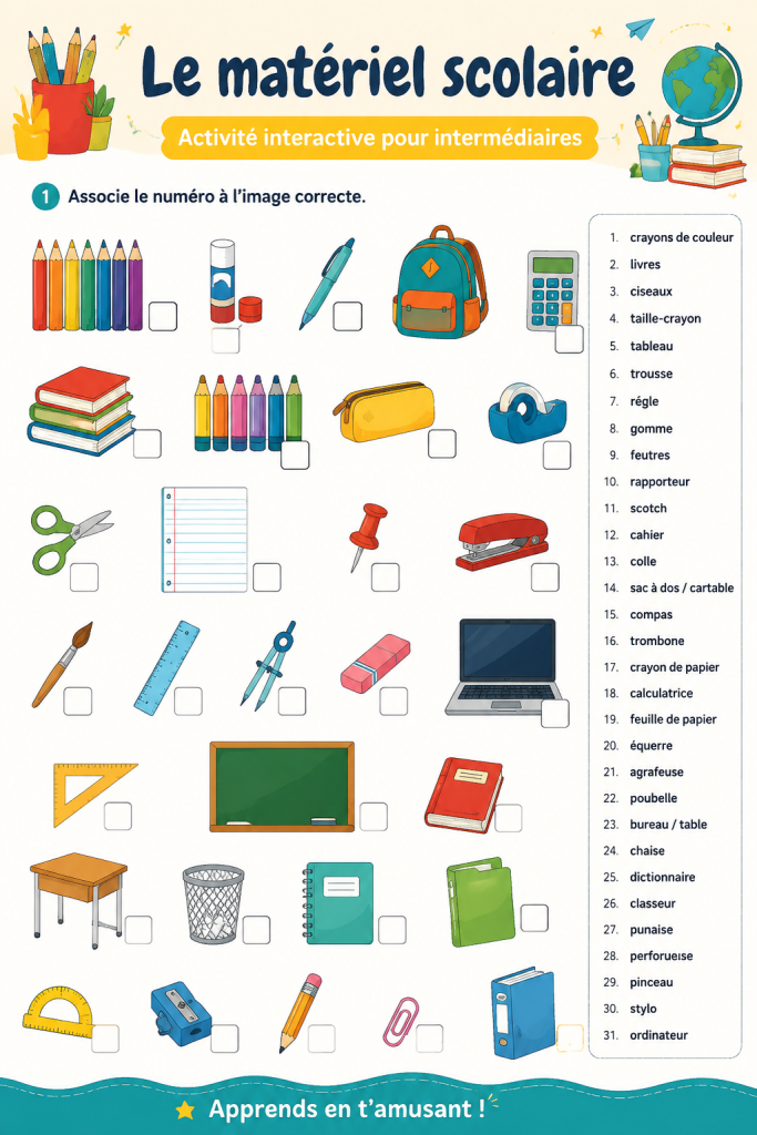 Matériel scolaire interactif en classe, avec élèves utilisant des tablettes et un tableau blanc interactif.