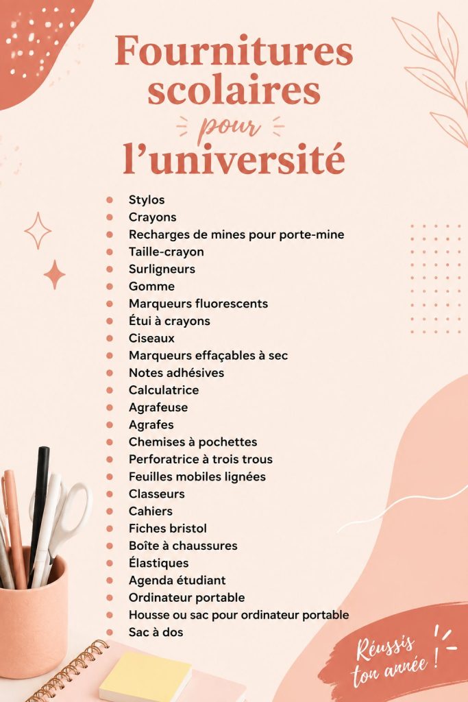 Un étudiant avec divers fournitures scolaires essentielles pour réussir à l'université
