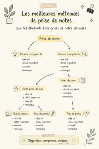 Étudiant prenant des notes avec un carnet et un stylo dans une salle de classe.