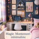 Un environnement minimaliste Montessori avec des jouets en bois et des livres soigneusement rangés.