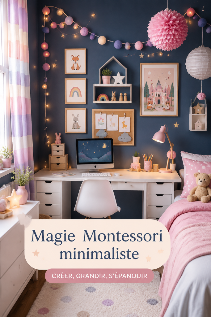 Un environnement minimaliste Montessori avec des jouets en bois et des livres soigneusement rangés.