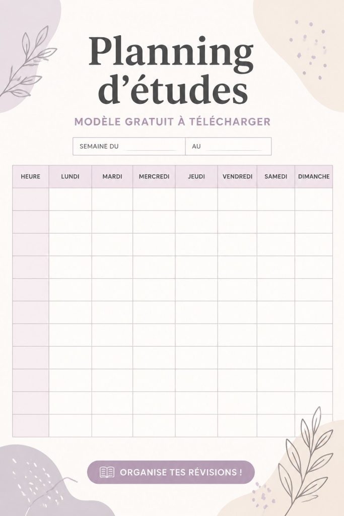 Modèle d'emploi du temps d'étude gratuit sur une tablette avec un fond de bureau.