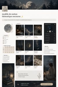 Modèle Notion sur le thème de la nuit, mettant en avant des éléments comme des étoiles et des couleurs sombres.