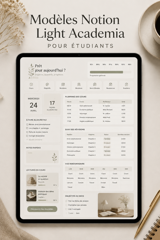 Modèle Notion inspiré par la Light Academia avec un design esthétique et fonctionnel