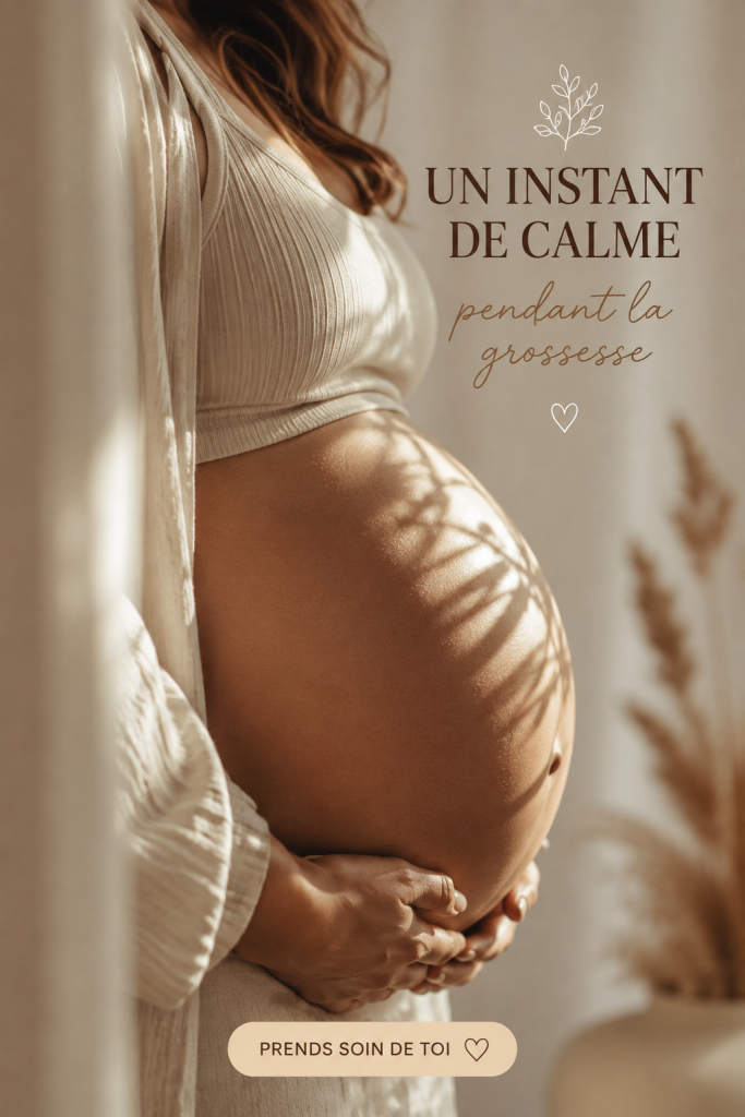 Une future maman se détend dans un coin paisible de son intérieur, entourée de fleurs et de lumière douce.