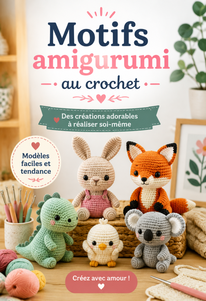 Un échantillon de créations au crochet avec des motifs amigurumi colorés et variés.