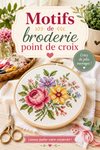 Collection de motifs de broderie point de croix colorés sur un fond clair.