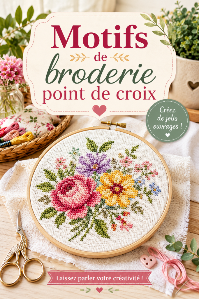 Collection de motifs de broderie point de croix colorés sur un fond clair.