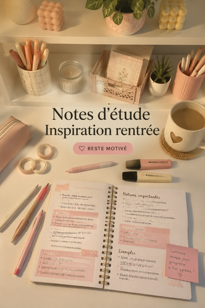 Des notes de cours colorées et bien organisées sur un bureau