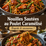 Assiette de nouilles sautées au poulet caramélisé avec légumes colorés
