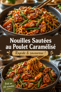 Assiette de nouilles sautées au poulet caramélisé avec légumes colorés