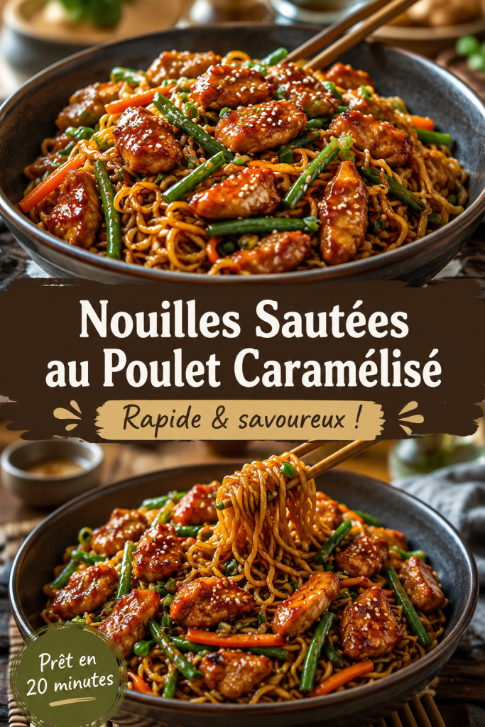 Assiette de nouilles sautées au poulet caramélisé avec légumes colorés