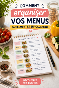 Une famille souriante autour d'une table avec des plats préparés selon un menu organisé.