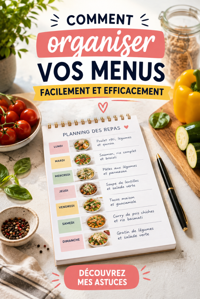 Une famille souriante autour d'une table avec des plats préparés selon un menu organisé.