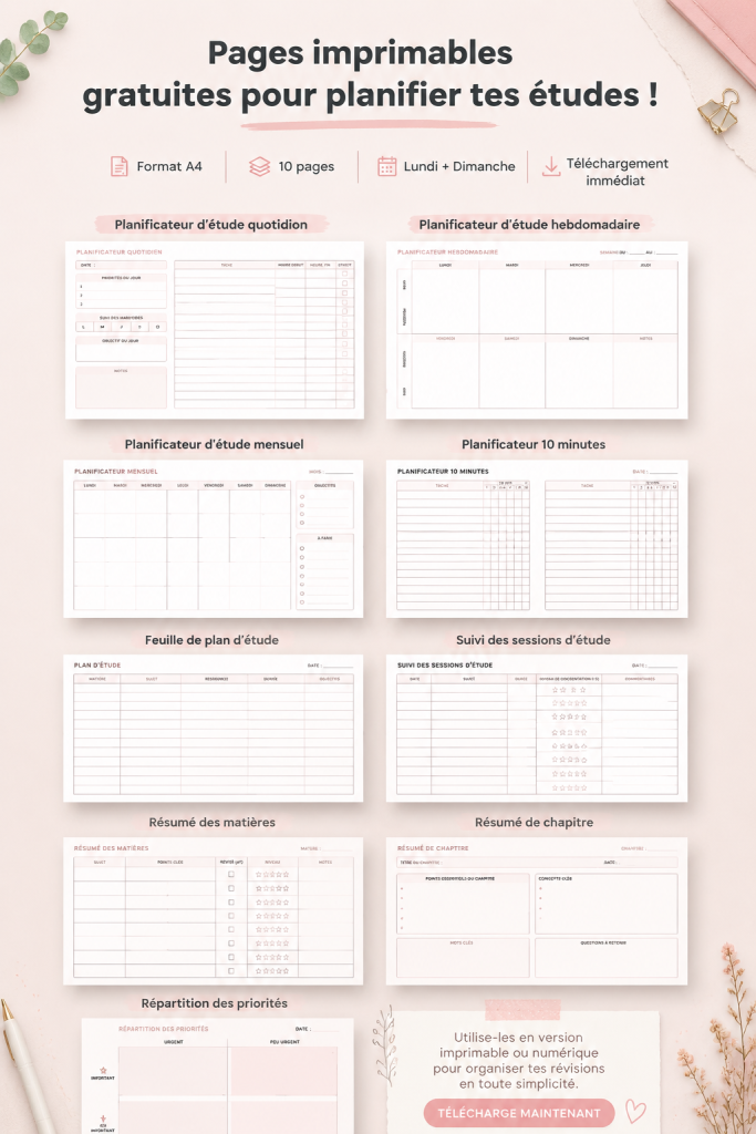 Un ensemble de pages imprimables pour la planification d'études, affichées sur un bureau.