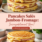 Une assiette de pancakes salés jambon-fromage, garnis de fromage fondant et d'herbes fraîches.