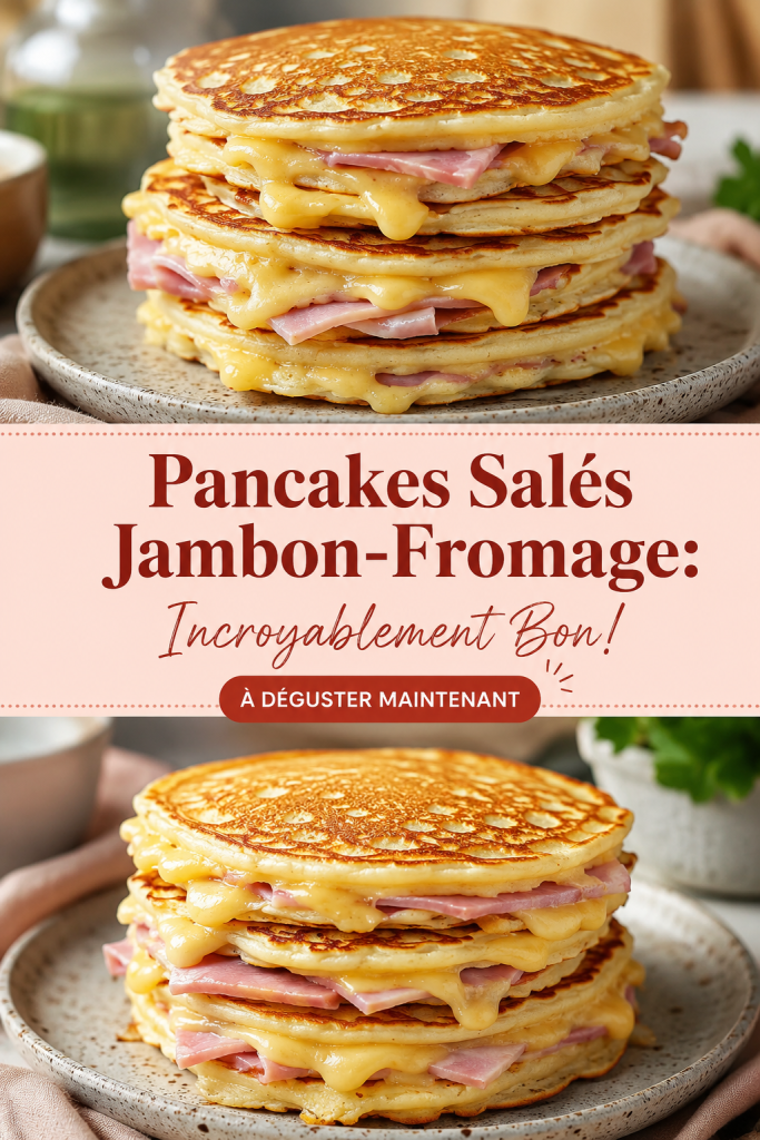 Une assiette de pancakes salés jambon-fromage, garnis de fromage fondant et d'herbes fraîches.
