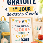 Pancarte colorée pour le premier jour d'école avec des dessins d'enfants