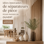 L'image montre un salon moderne avec un paravent élégant qui délimite un coin lecture.