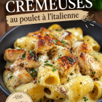 Assiette de pâtes crémeuses au poulet à l'italienne, garnie de parmesan et de basilic.