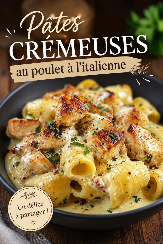 Assiette de pâtes crémeuses au poulet à l'italienne, garnie de parmesan et de basilic.