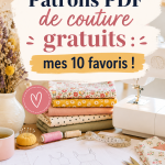 Une sélection de patrons PDF de couture gratuits affichés sur un bureau de couture.