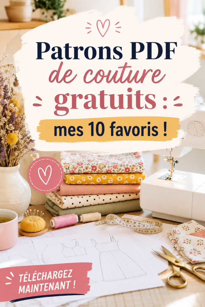Une sélection de patrons PDF de couture gratuits affichés sur un bureau de couture.