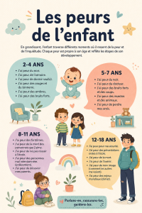 Un enfant inquiet assis sur un canapé, ses parents à ses côtés, l'encourageant positivement.