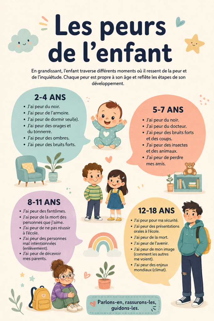 Un enfant inquiet assis sur un canapé, ses parents à ses côtés, l'encourageant positivement.