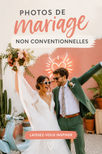Un couple de mariés posant dans un environnement naturel avec une approche créative de la photographie.