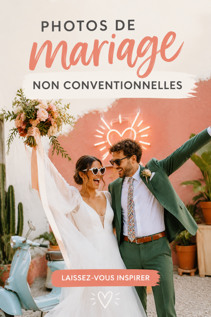 Un couple de mariés posant dans un environnement naturel avec une approche créative de la photographie.