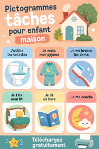 Pictogrammes colorés représentant des tâches ménagères pour enfants
