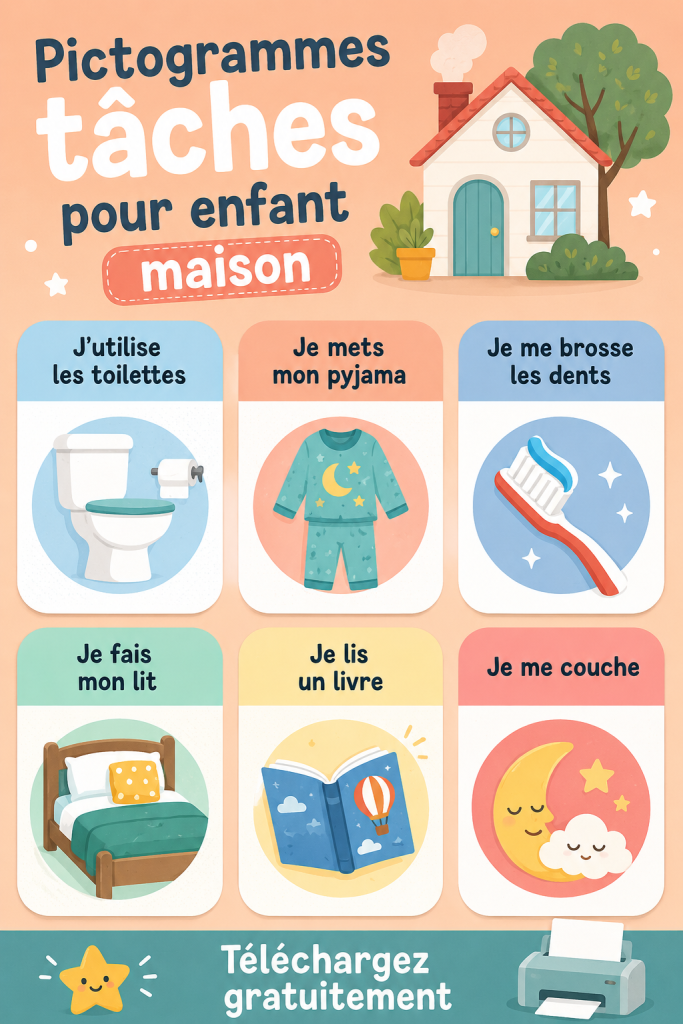 Pictogrammes colorés représentant des tâches ménagères pour enfants