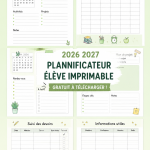 Planificateur étudiant 2026-2027 à imprimer avec sections pour les cours et les devoirs.
