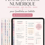 Planificateur numérique bohème 2025 affiché sur une tablette