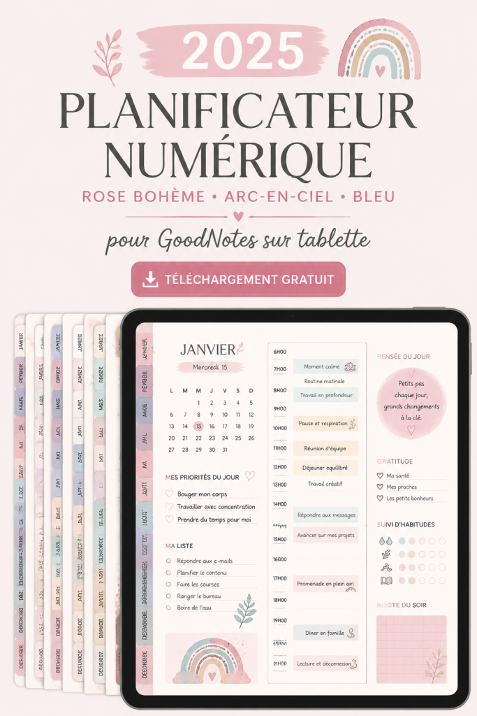 Planificateur numérique bohème 2025 affiché sur une tablette