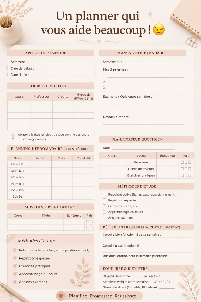 Un planner ouvert avec des notes et des stylos, représentant l'organisation et la planification.