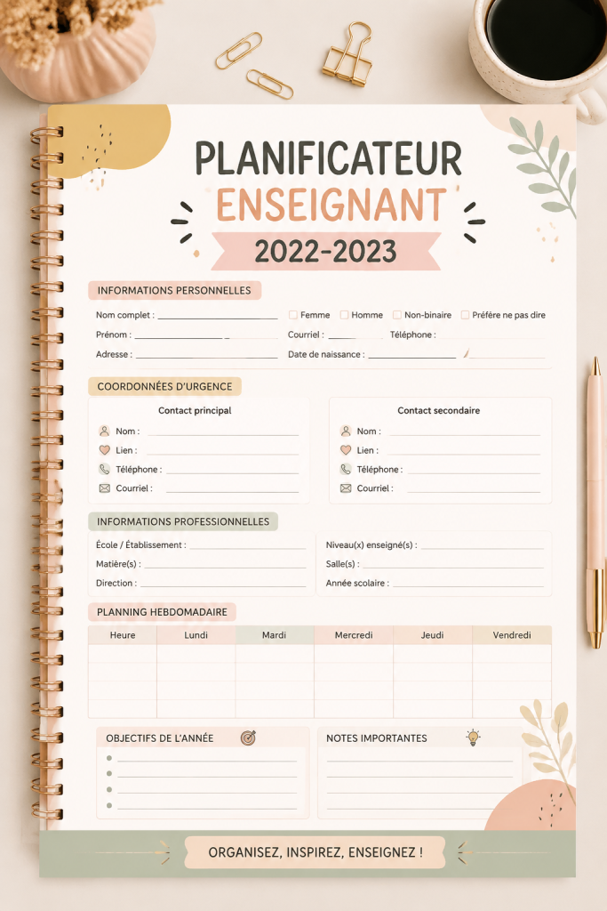 Un planner d'enseignant ouvert avec des notes et un stylo sur un bureau