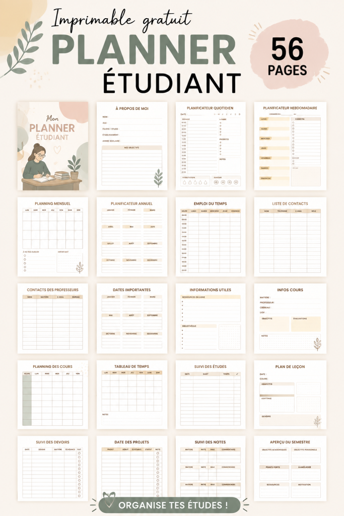 Une vue du planner étudiant gratuit à imprimer, montrant un design organisé et coloré.