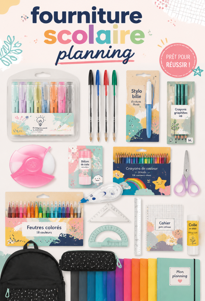 Un exemple de planning scolaire coloré avec des fournitures scolaires.
